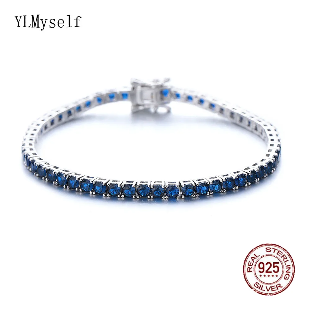Echte 925er-Schmuckstücke für Damen/Herren, mit 3 mm großen, blauen Montana-Saphir- und Zirkonia-Steinen, im Hip-Hop-Rock-Stil, aus reinem Silber, 15–21 cm, Tennisarmband.