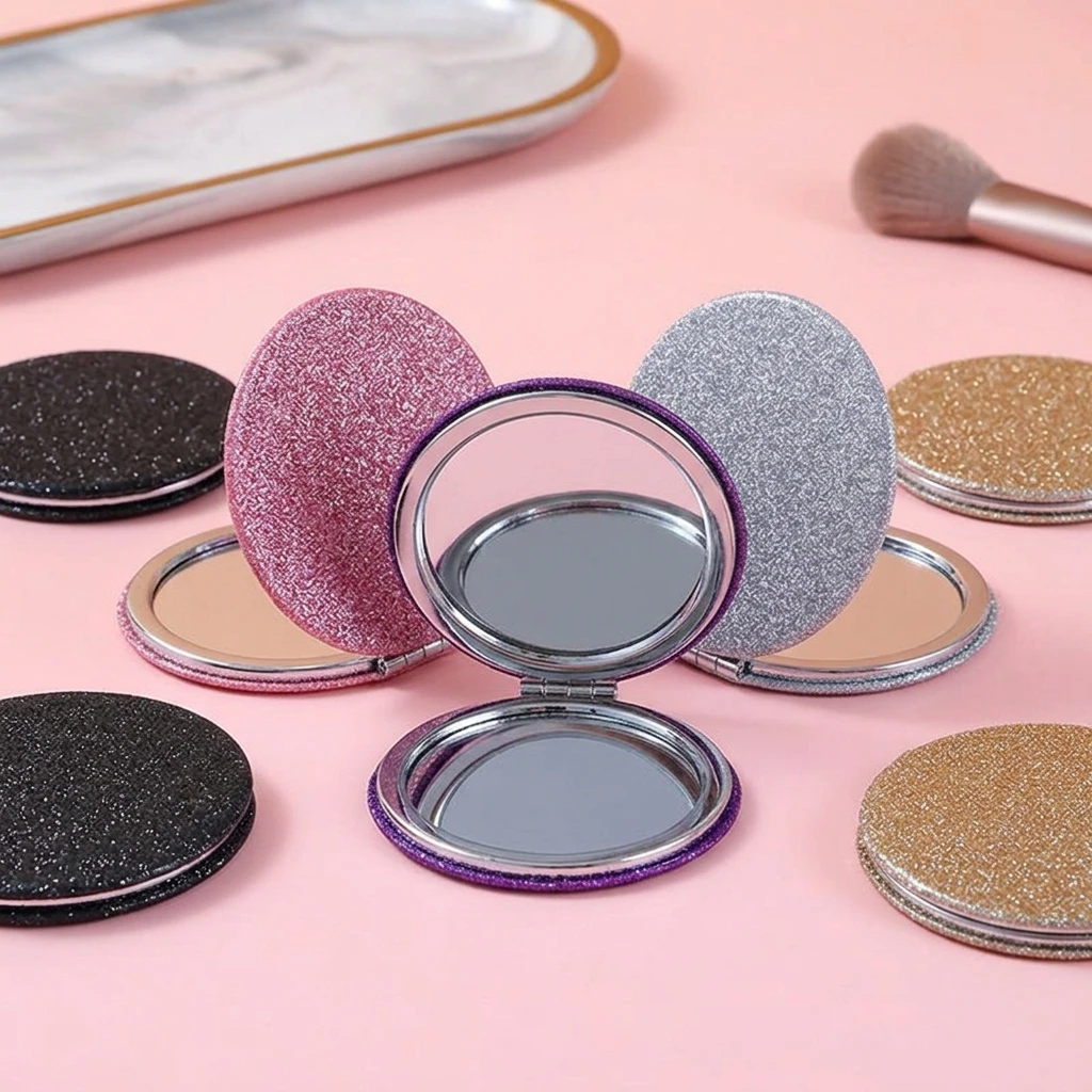 Mini Runder Make-up-Spiegel Glitzer Klappbarer Taschenspiegel Tragbarer Kompakter Schminkspiegel Doppelseitiger Kleiner Reise-Kosmetikspiegel