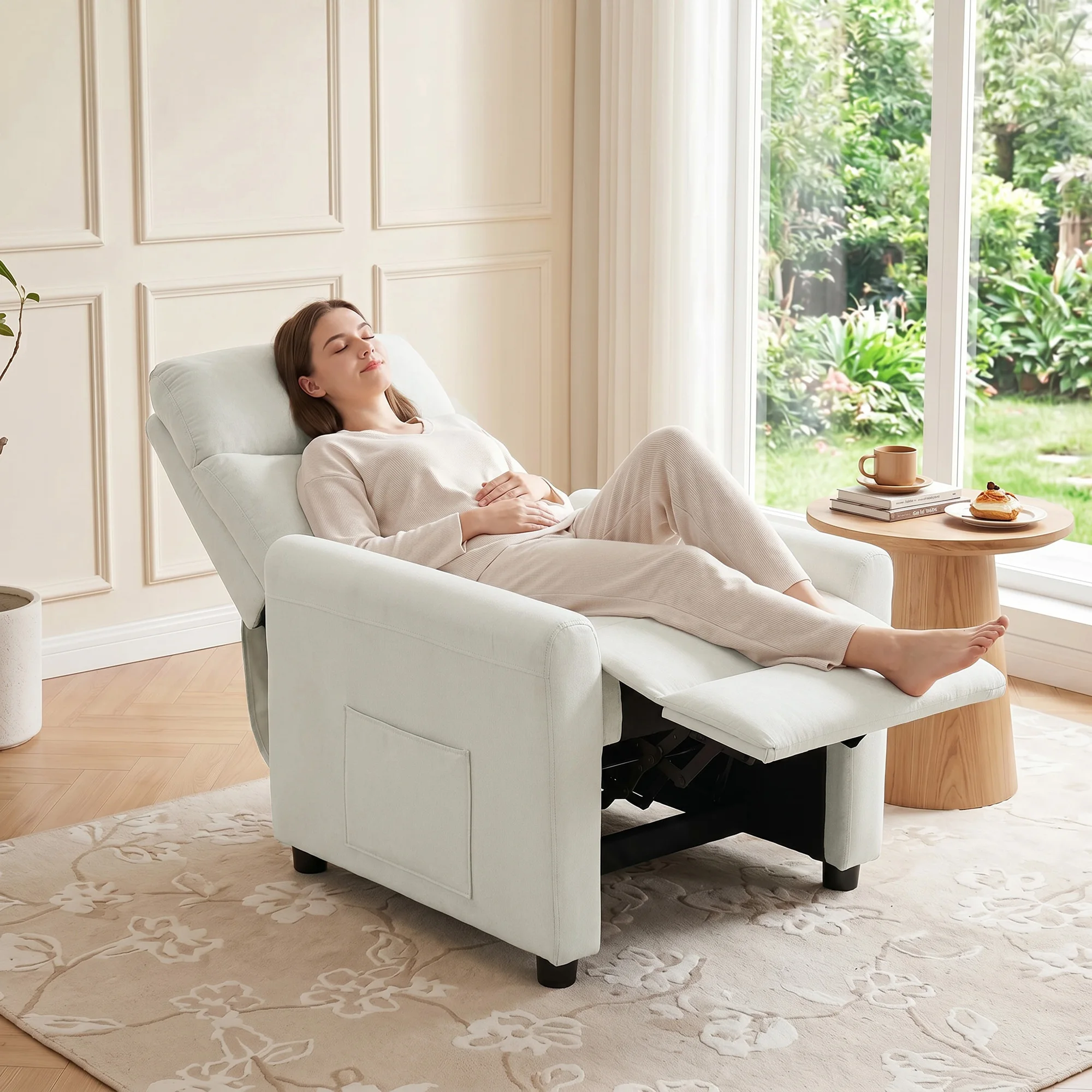 HOMCOM Relaxsessel Fernsehessel mit Liegefunktion, TV Sessel mit Taschenfedern, Fußstütze, Stoff in Leinenoptik, Ruhesessel für Wohnzimmer, Cremeweiß