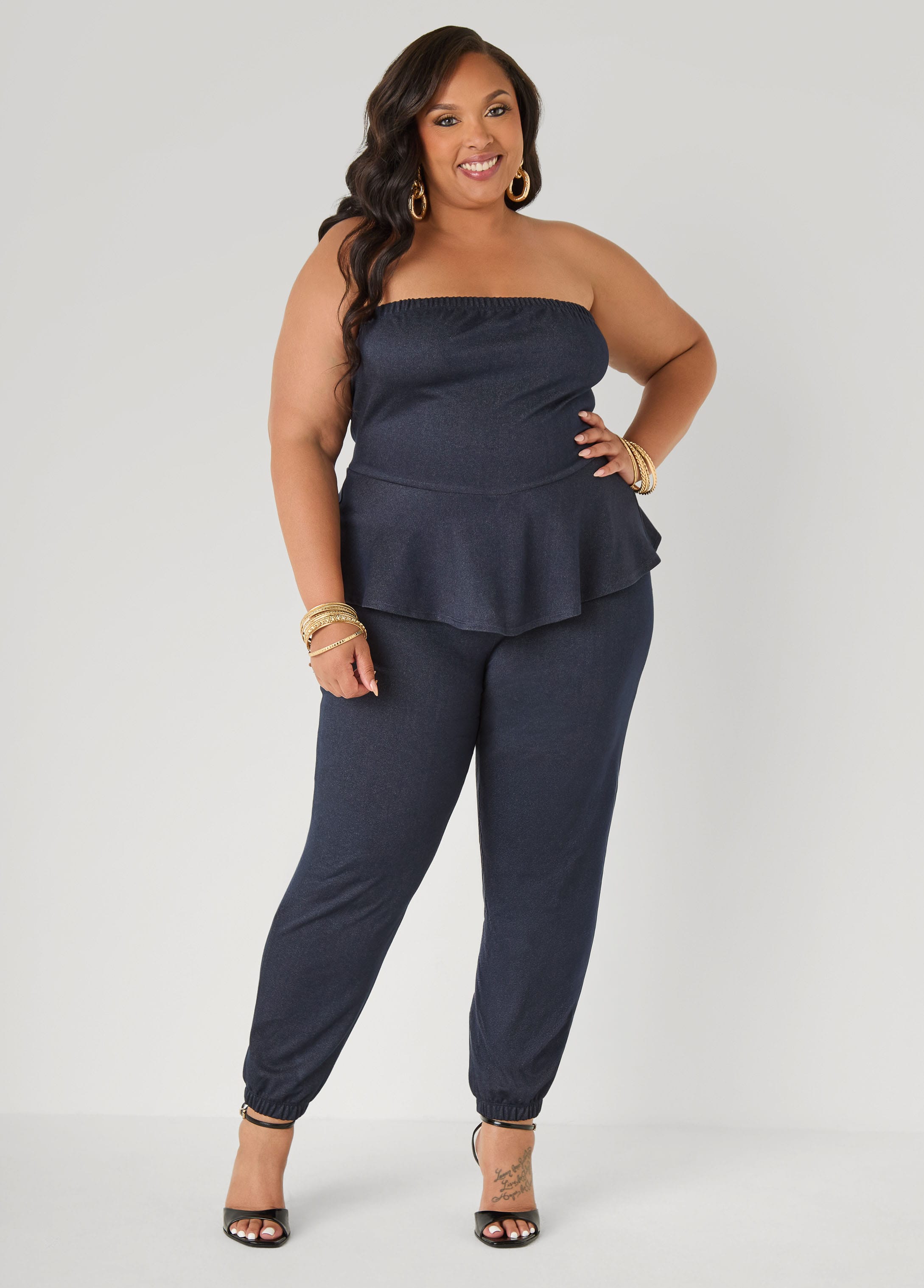 Plus Size Tall Strapless Denim Jogger Jumpsuit