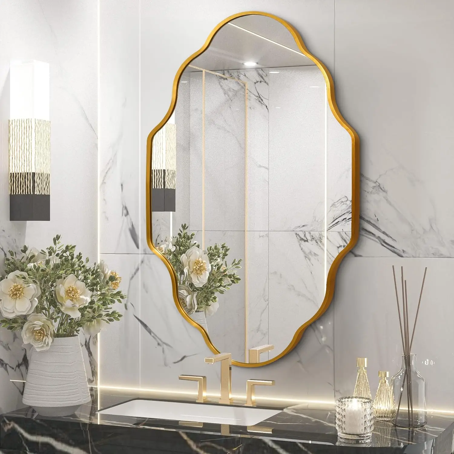 Unregelmäßiger Wandspiegel, Asymmetrischer Spiegel für die Wand 116 X 66 cm, Gold/Schwarz Gerahmter Wandspiegel für Wohnzimmer, Badezimmer, Eingangsbereich