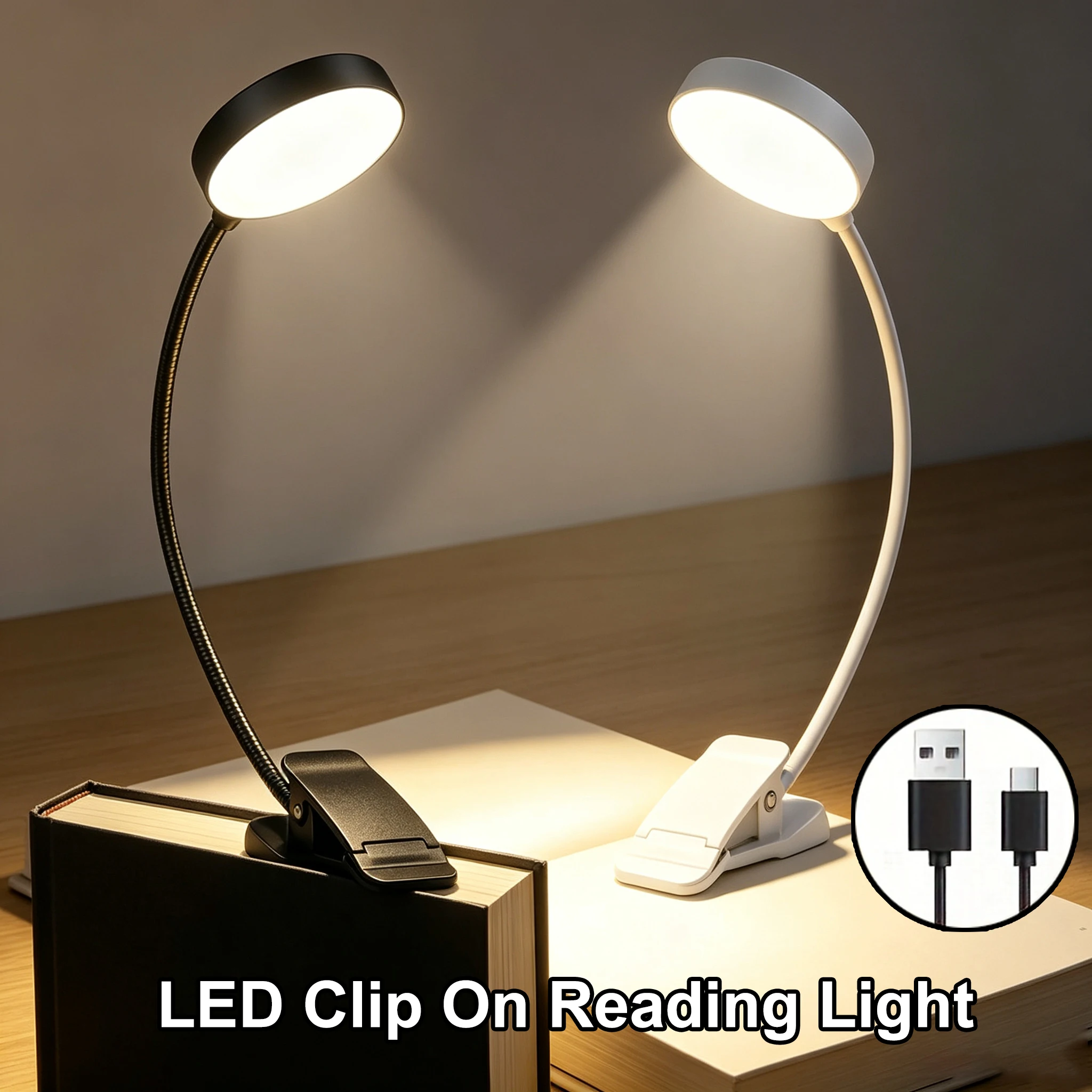 1/2er-Pack LED-Klemmleuchte zum Lesen, 3 Farbmodi, 10 Helligkeitsstufen, USB-wiederaufladbar, 360° drehbar ° Verstellbarer Schwanenhalshalter für Bücher im Bett