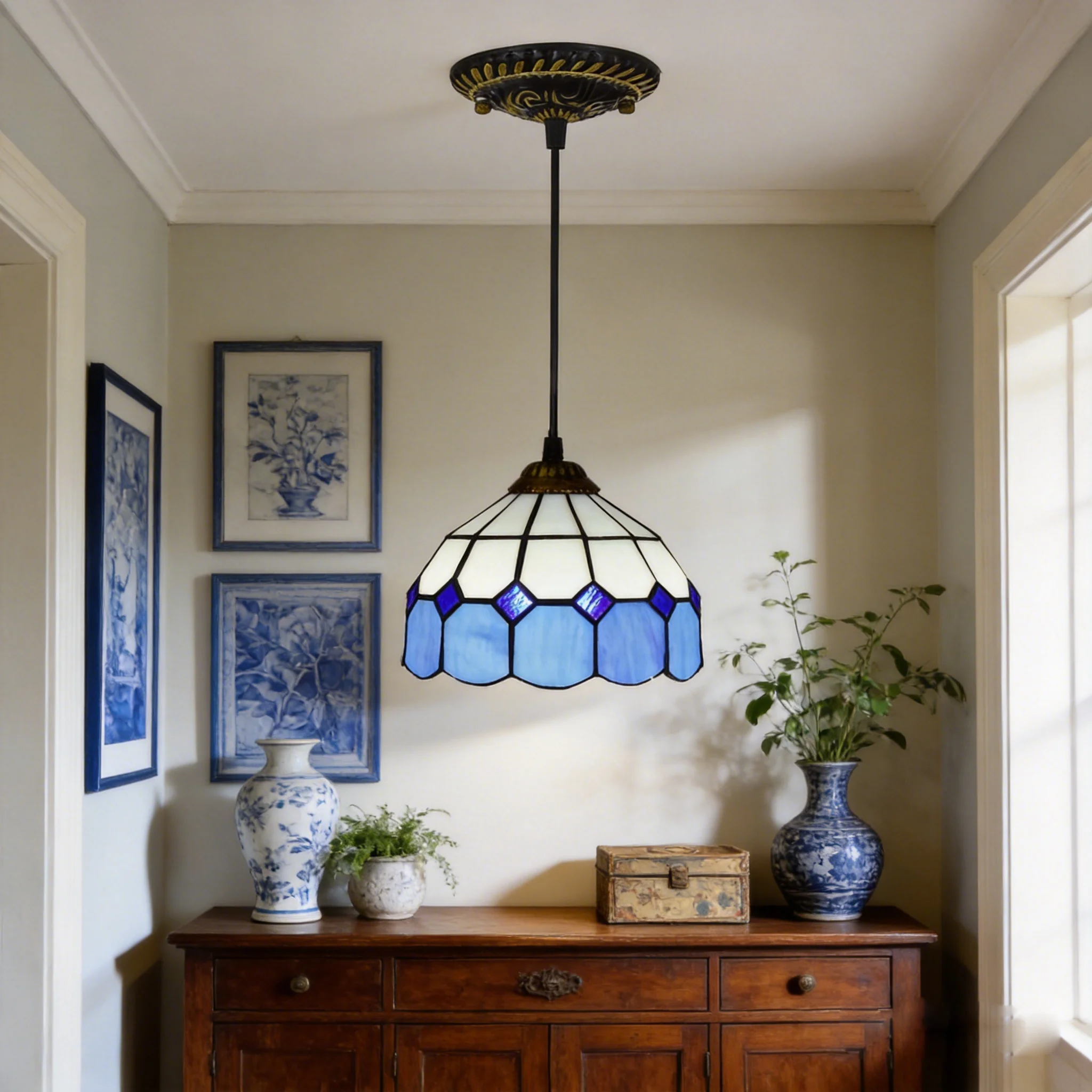 Tiffany Buntglas-Pendelleuchte 8 Zoll Breit Blau Mediterraner Stil Hängelampe für Kücheninsel Esszimmer Flur