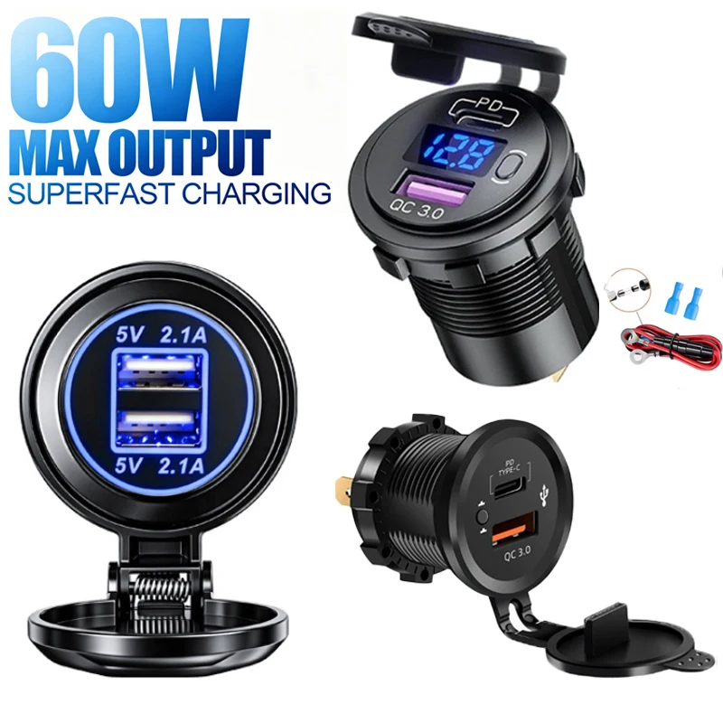Dual USB PD QC3.0 Autoladegerät für Motorräder mit Voltmeter-Anschluss, Wasserdichter Stromadapter für 12V/24V Boot- und Autozubehör