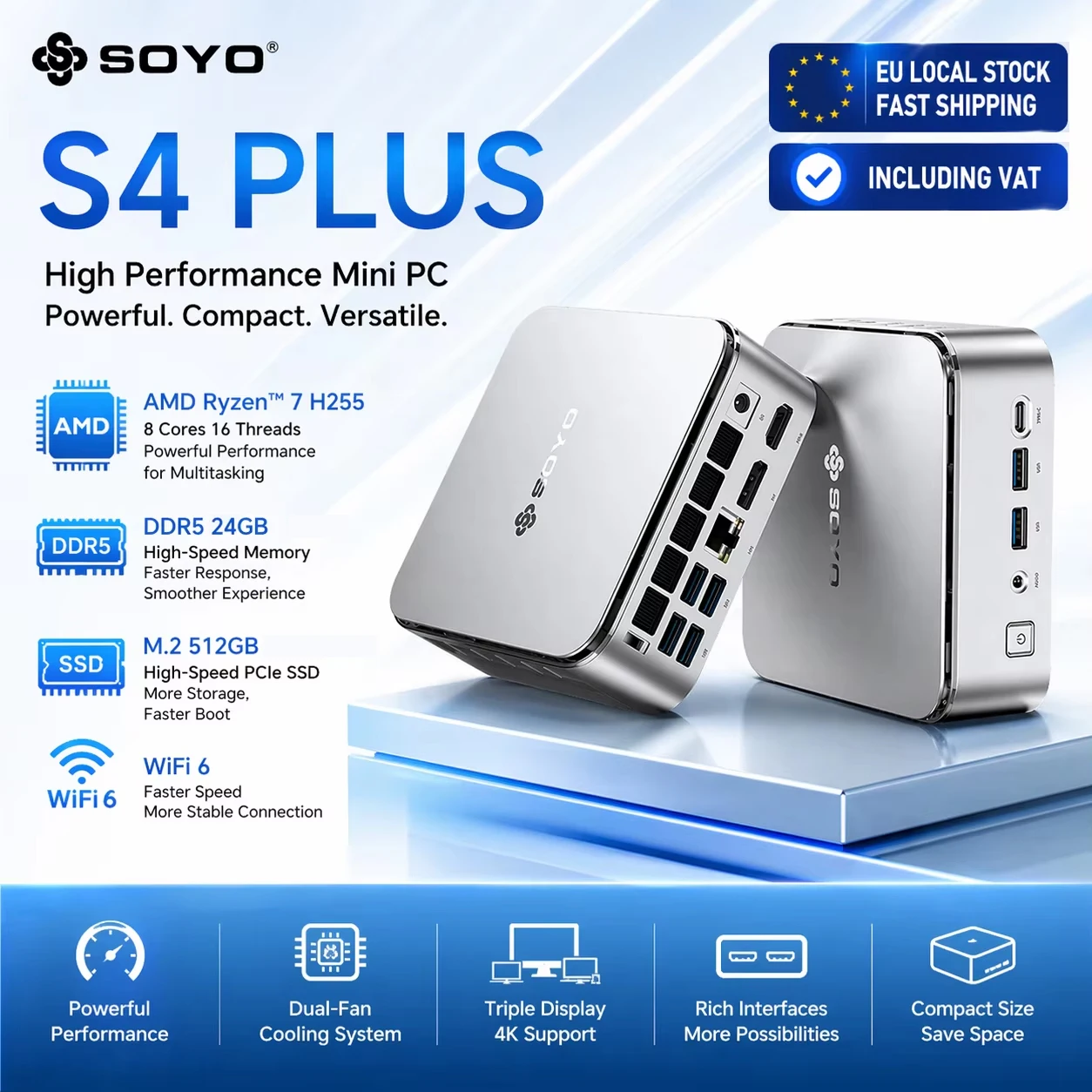 Soyo S4 Plus Mini-PC AMD Ryzen 7 H255 CPU 24G DDR5 512GB SSD PCIe3.0 M.2 NVMe WiFi6 BT5.2 4K@120Hz Mini-Computer Geeignet für Gaming, Büro und Heimgebrauch