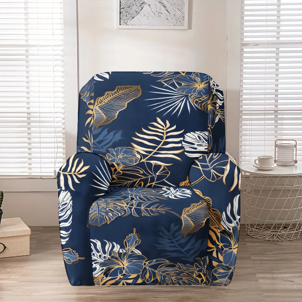 Relaxsessel-Bezug, Marineblau-Gold Tropischer Blätterdruck Stretch-Relaxsessel-Sofabezug, Dehnbarer Weicher Möbelschutz-Überzug