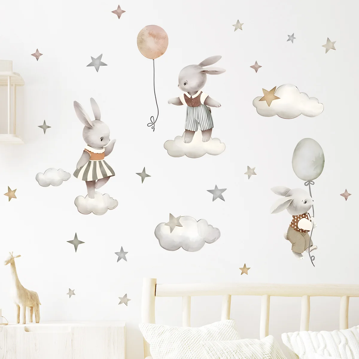 Hasen-Ballon-Wandaufkleber, Wolken, Sterne, dekorative Wandtattoos für Kinderzimmer, Kinderzimmer, Babyzimmer, Wanddekoration