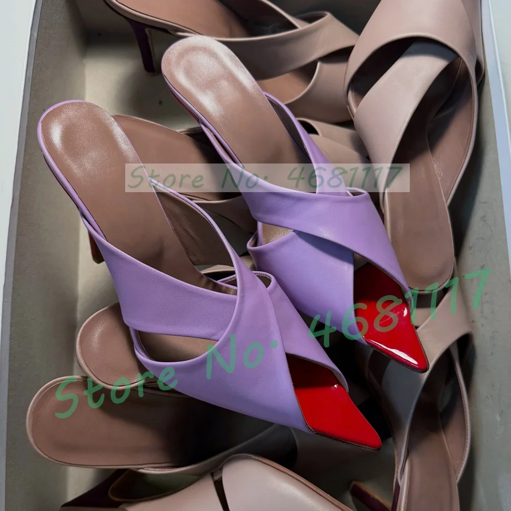 Lila Kreuzriemen-Pantoletten für Damen mit Absatz, offener spitzer Zehenpartie, schlichte zweifarbige Stiletto-Schuhe, Sommer-Damen-Mules in großen Größen, sexy Mules