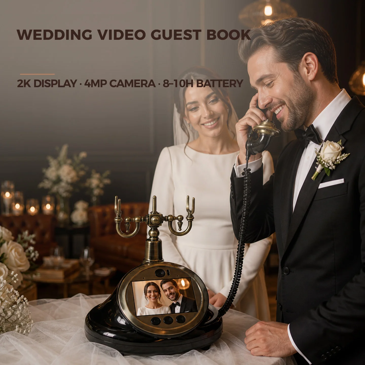 64G Retro European & American Style Wedding Video Guest Book Telephone, Party Guest Video Recorder