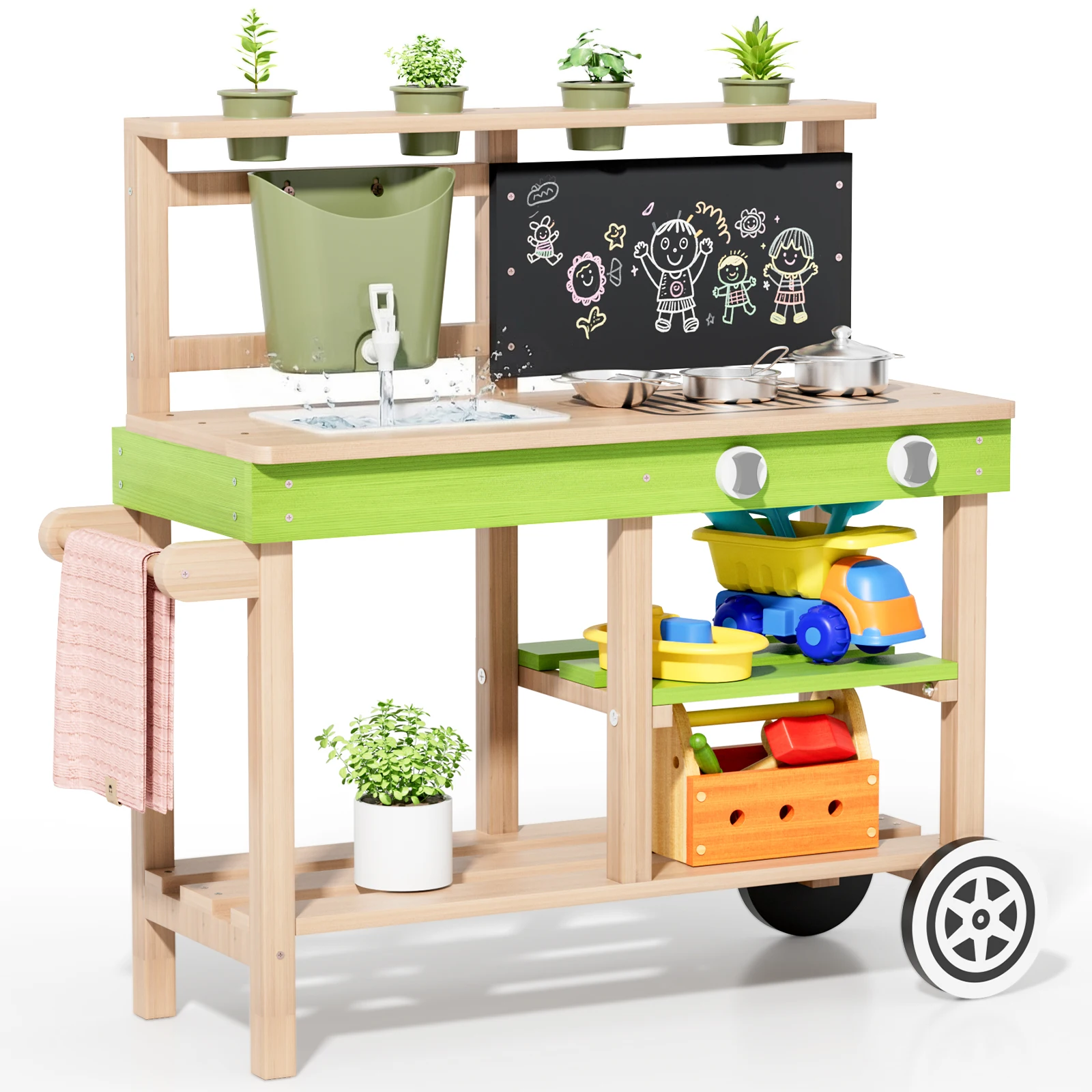 Cuisine en bois d'extérieur, cuisine pour enfants, cuisine de jeu, avec roues, robinet, jardinières, tableau noir, étagères, accessoires de cuisine