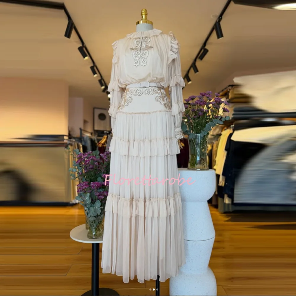 Customized Pastrol Pleat A-line O-Neck Midi Prom Dresses Chinese Style Exquisite Appliques A-Line With Belt Evening Gowns