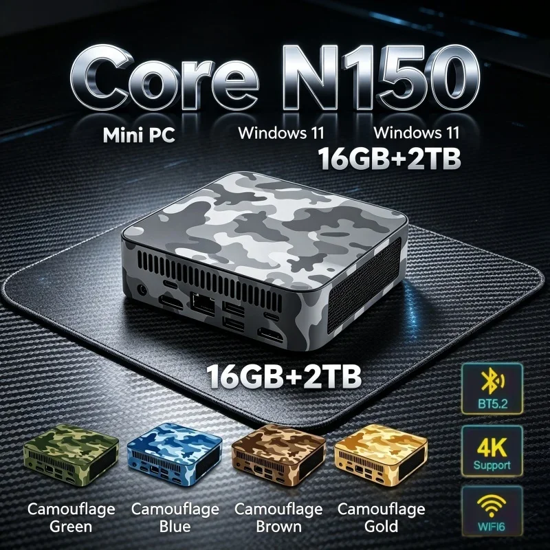 16GB RAM 1/2TB SSD WIFI6 BT5.2 Powerful Windows 11 Intel Core N150 Camouflage Mini PC Gaming Computer 4K Desktop PC