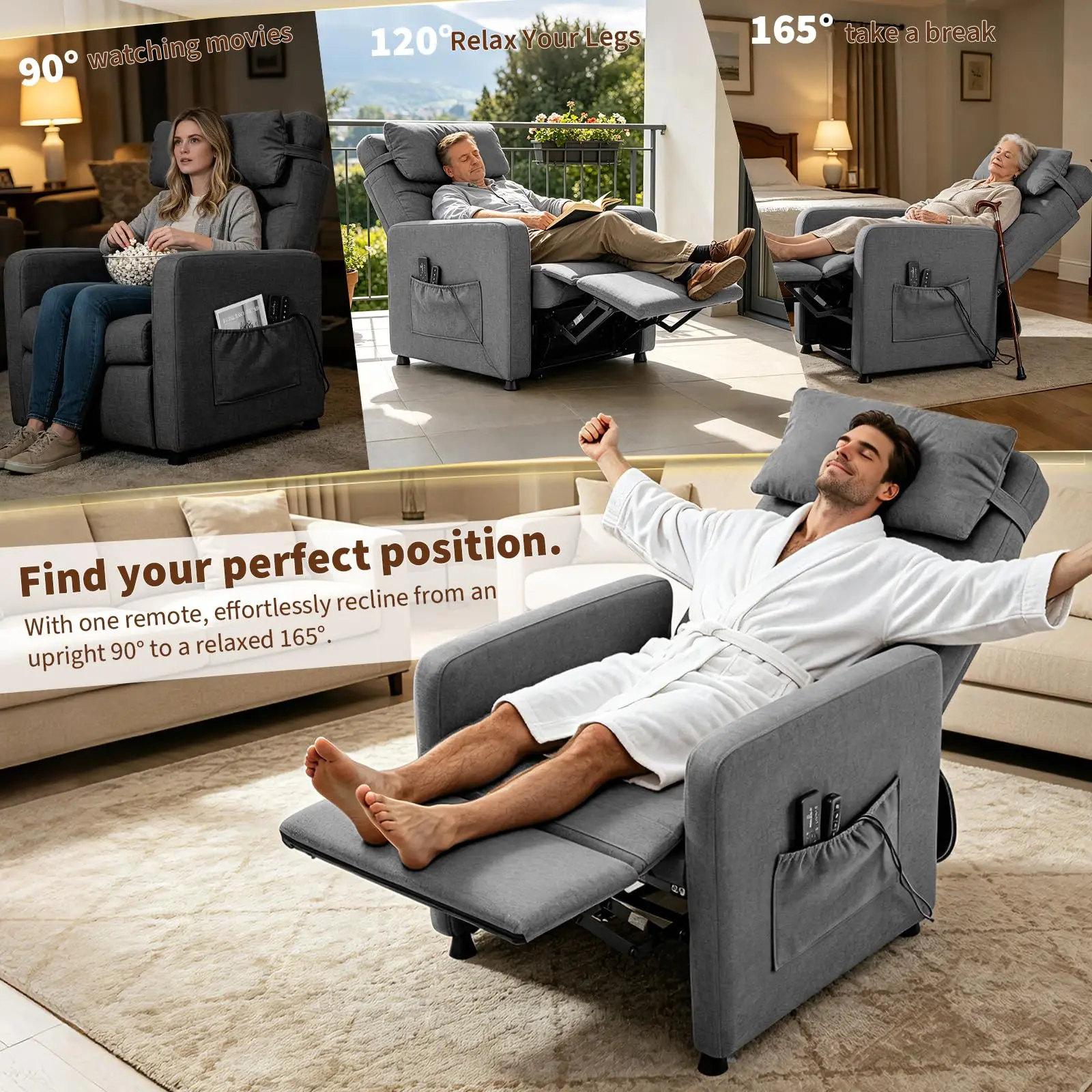 Elektrischer Relaxsessel, Massagestuhl 90°-165°, elektrische Relaxsessel mit Heizung, 4 Massagepunkten, 2 Positionen, Fußstützen, Seitentaschen, Tragkraft 180 kg, grau