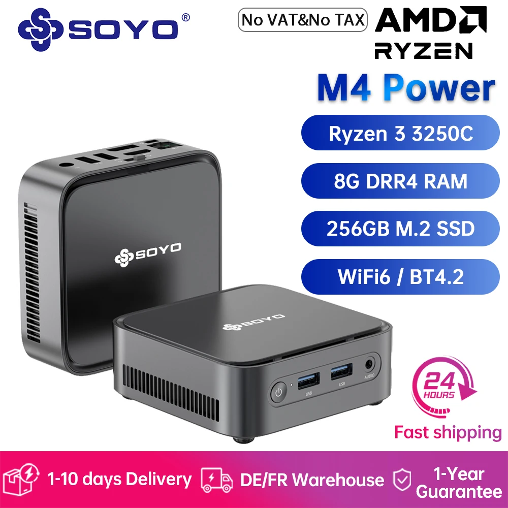 SOYO M4 Power Mini-PC Gaming-Computer AMD R3-3250C CPU 8GB DDR4 RAM 256GB M.2 SSD Windows 11 Pro WiFi5/BT4.2 Mini-Computer