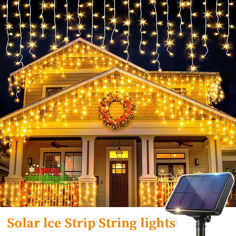 Solarbetriebene Eiszapfen-Lichterkette 96LED 162LED Außen-Weihnachtsbaum-Dachgarten-Dekoration IP54-Schutzklasse 8 Modi Warmweißes Licht