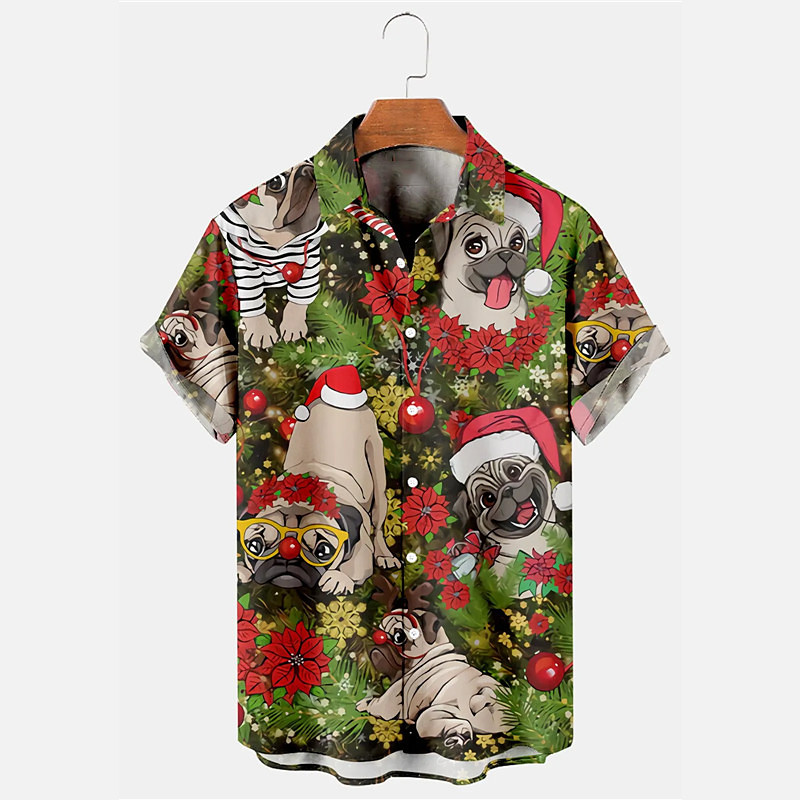 Dog Santa Claus Christmas Tree Casual Men's Shirt Outdoor Christmas Street Fall Turndown Short Sleeve Red Green S M L Shirt