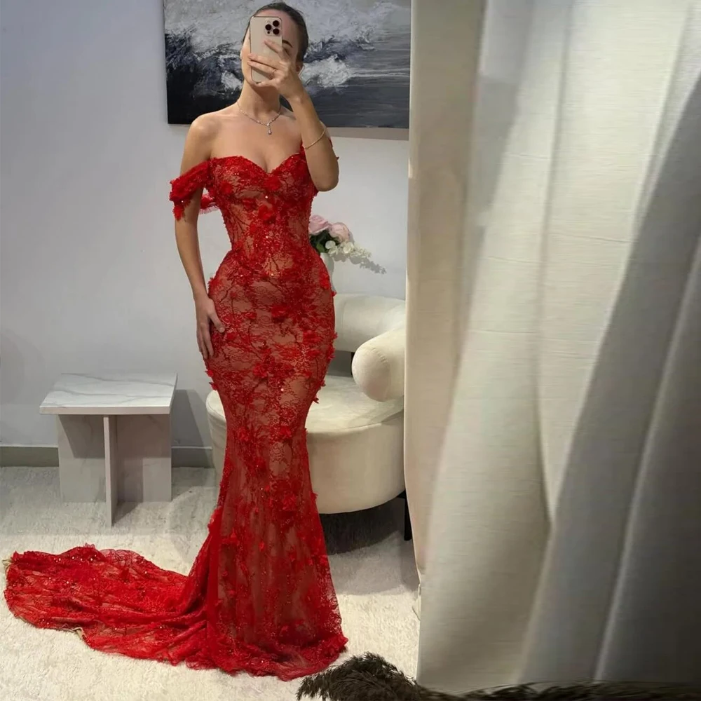 Customized Stunning Illusion Lace Gown Off the Shoulder Formal Evening Dress 3D Flower Mermaid Red Carpet Celebrity Dresses