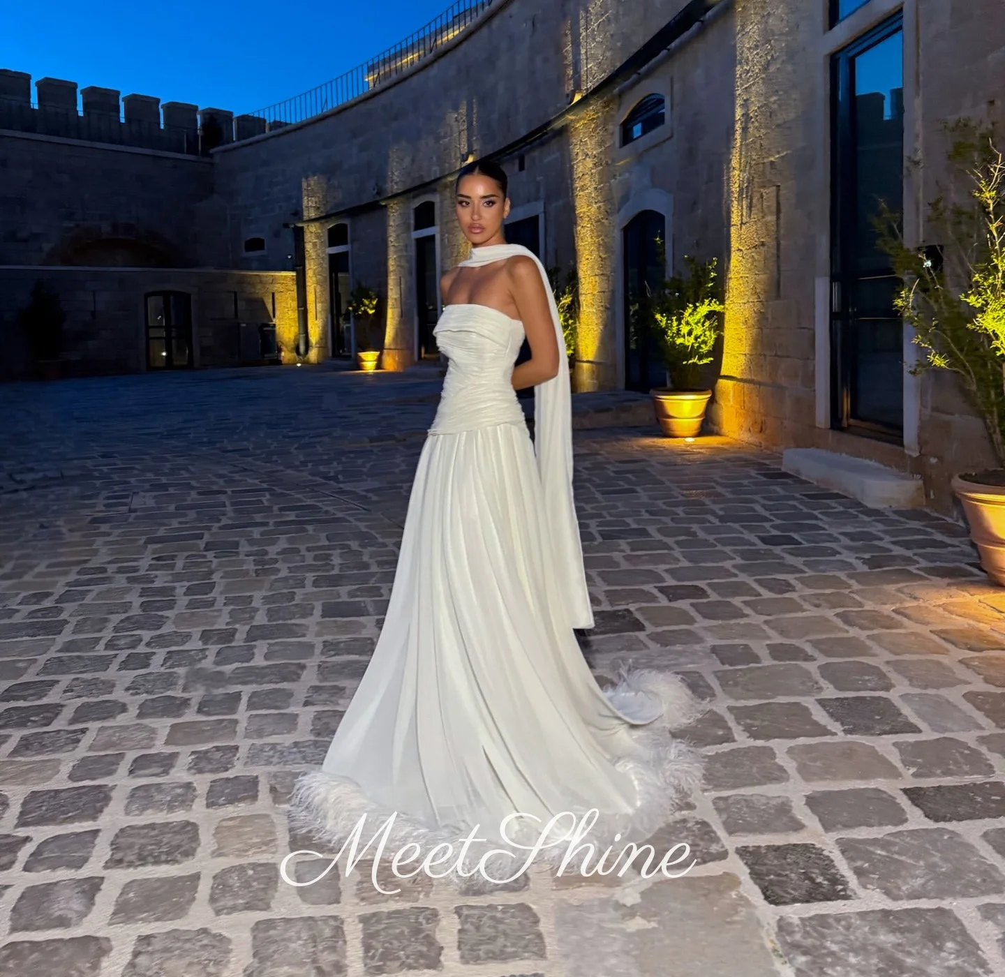 Elegant Strapless Chiffon Ruched A-Line Evening Dresses Simple with Scarf Feather Beach Bridal Reception Prom Dress Customized