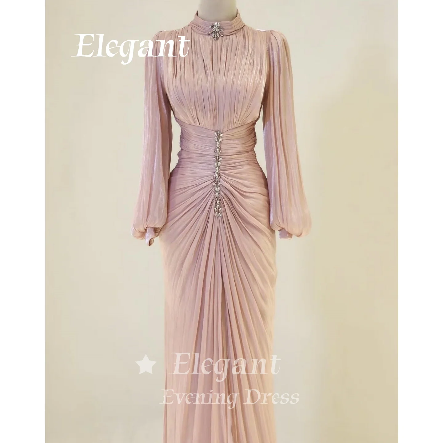 Modest Muslim Dusty Pink Women Formal Evening Gown High Neck Long Sleeve Sparkle Prom Dress Wedding Party Dresses Customized