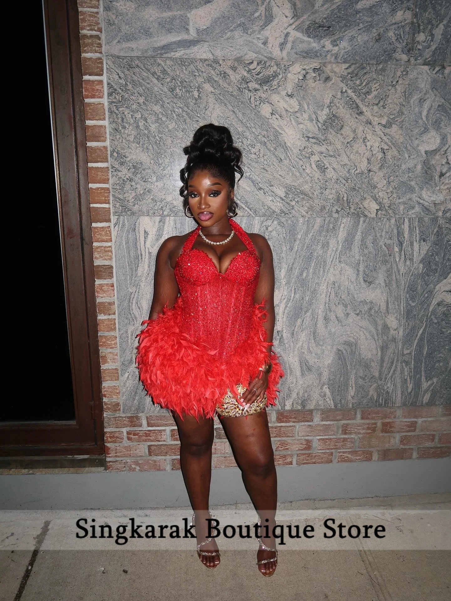 Glitter Red Feathers Crystals Halter Prom Dresses For Black Girls African Mermaid Birthday Homecoming Party Gown Customized