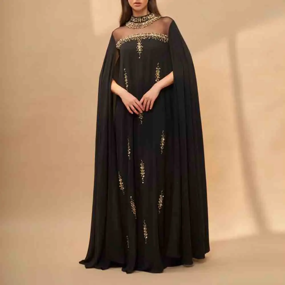 Customized Black Abaya Style Evening Dress with Cape Gold Beaded Muslim Party Gown Sheer Neckline Floor Length Formal Dress