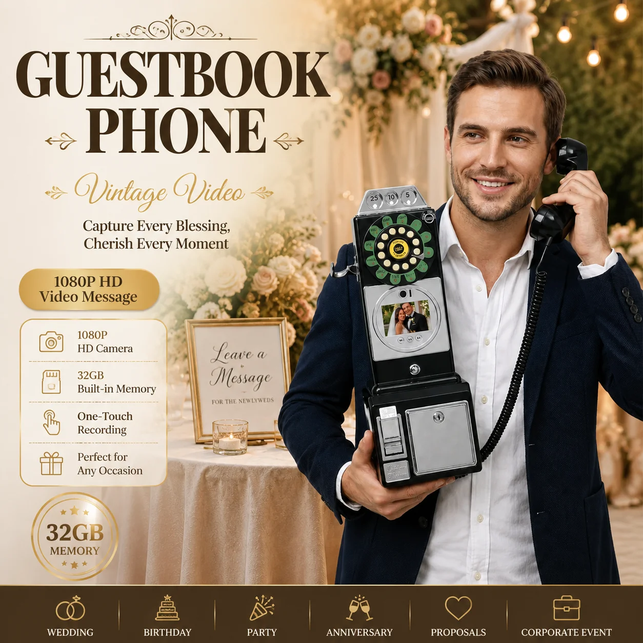 Vintage Video Guestbook Telephone Wedding Audio Guest Book Phone 1080P Video Voice Recorder 32GB Memory Wedding Reception Gift