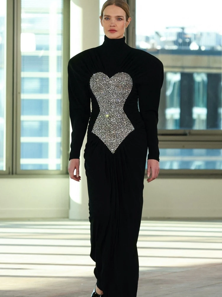 Sexy O Neck Diamonds Ruched Patchwork Long Dress Women Black Long Sleeves Crystal Pleated Slim Dresses Evening Party Gowns