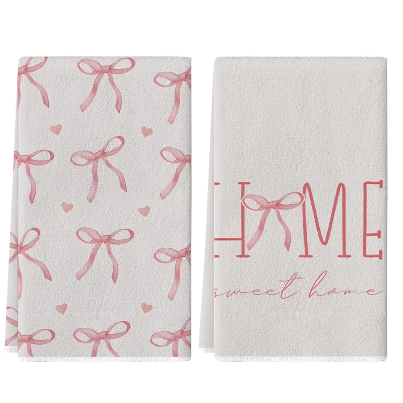 2Pcs, Pink Bowknot Home Kitchen Towels, 40Cm*60Cm Towel Set, Super Absorbent Soft Cleaning Cloth, Cooking and Baking Tea Towel, Hand Towel, Cleaning Cloth, Dishcloth, Kitchen Decoration, Living Room Decorations, Kitchen Essentials, Home Essentials