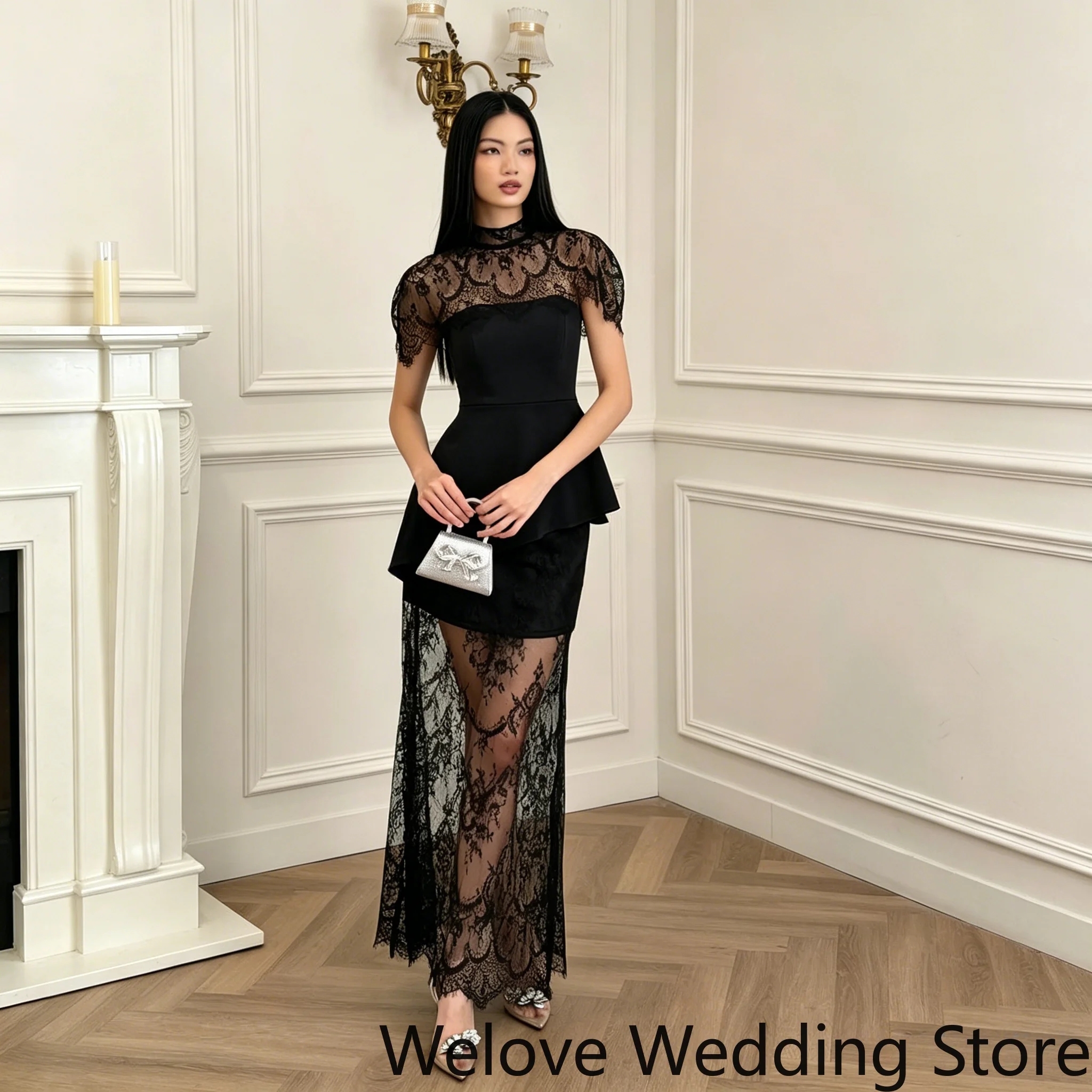 Customized Black Formal Evening Gown High Neck Scalloped Lace Short Cap Sleeves Structured Peplum Waist Solid Inner Mini Dress
