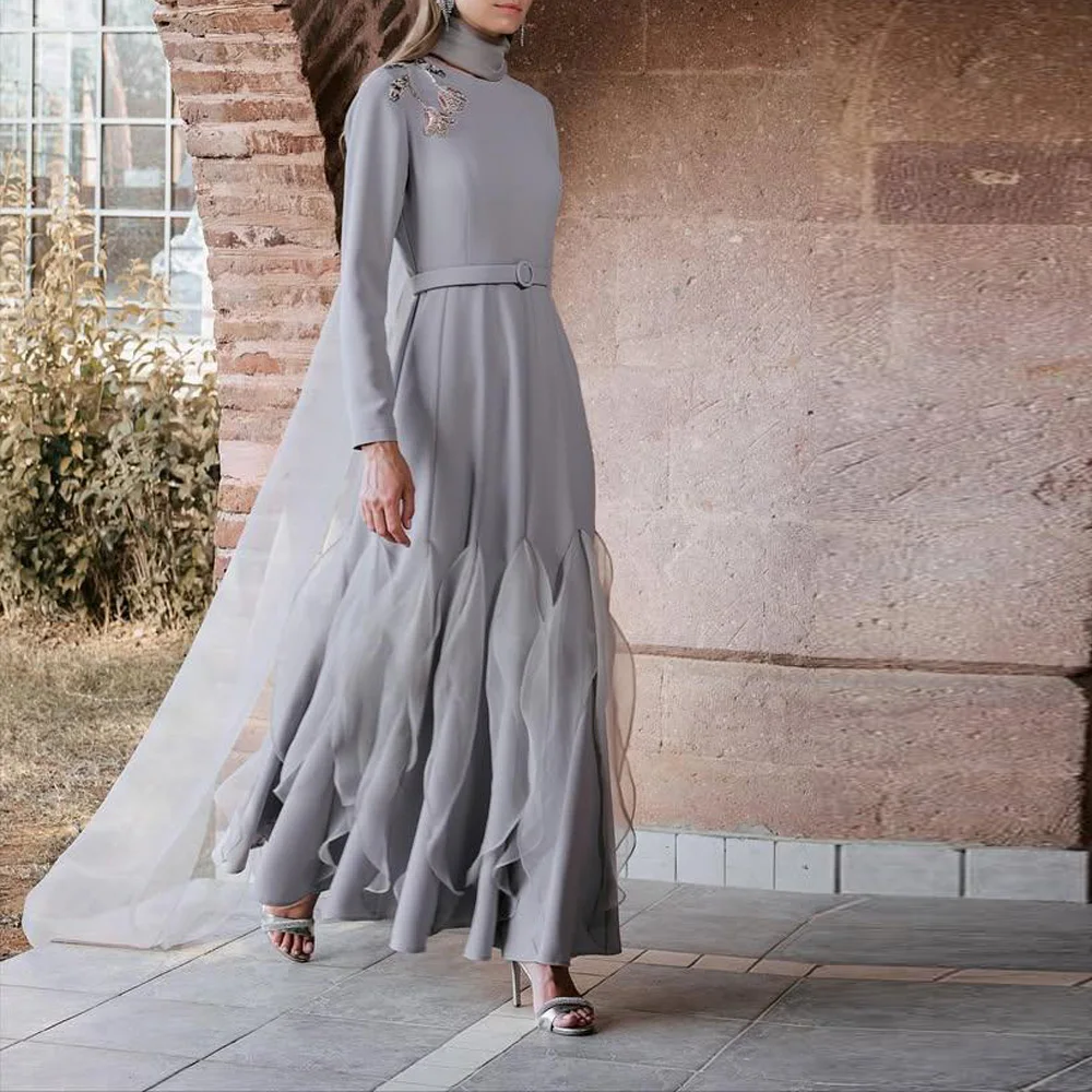 Customized Beading Embroidery Evening Dress with Scarf Jersey Ruffles Embellished Wedding Guest Outfit Grey Formal Wear