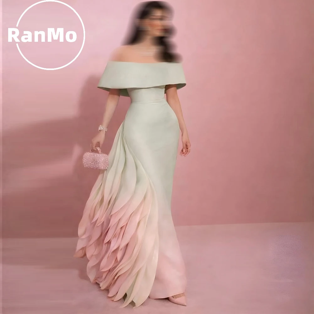 Ranmo Modern Gradient Satin Arabic Prom Dresses Off Shoulder Crystal Evening Gown Long Formal Dress Robe De Soirée Customized