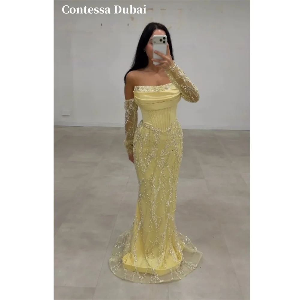 Contessa Custom Soft Yellow Strapless Evening Dress Corset Beaded Prom Dresses Crystal Vestidos De Noche Mermaid Formal Evening