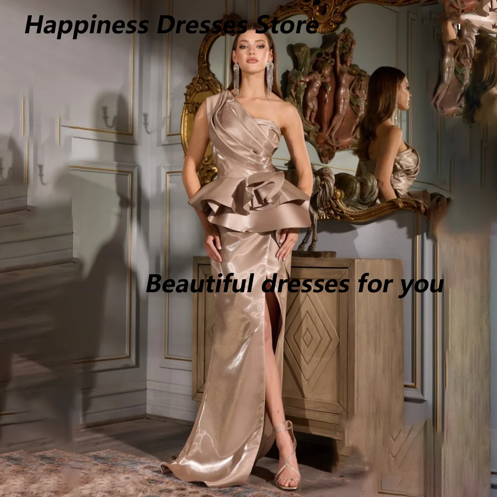 Customized Satin Champagne One Shoulder Ruffles Tiered Draped Pleated Asymmetric Mermaid Evening Dresses Front Split Prom Gown