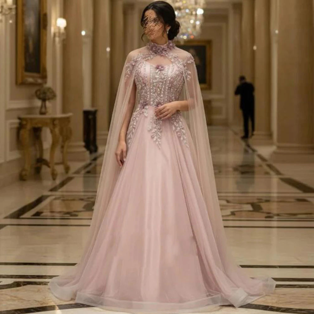 Customized Beading Embroidery Evening Dress with Cape Sweetheart A Line Vestidos De Gala Pink Tulle Formal Occasion Dresses