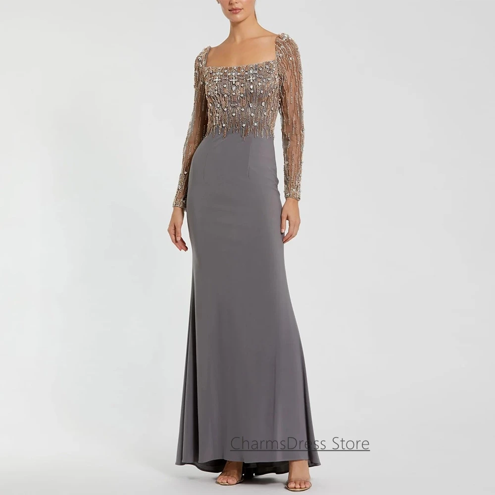 Customized Mermaid Evening Dress Fashion Square Neck Long Sleeves Beading Crystal Floor Length Saudi Arabian Prom Gown