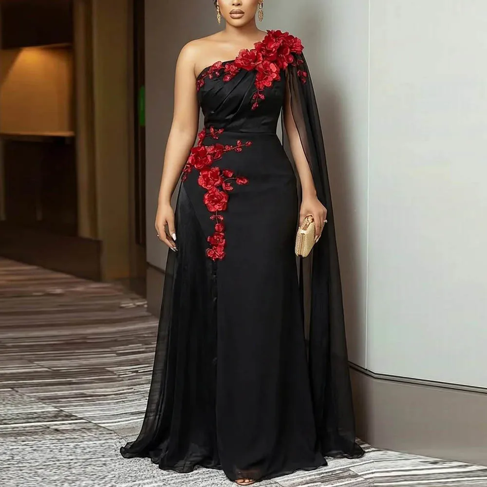 Customized Black One Shoulder Evening Dress Red Flower Embellished Prom Gown A Line Tulle Formal Occasion Dresses