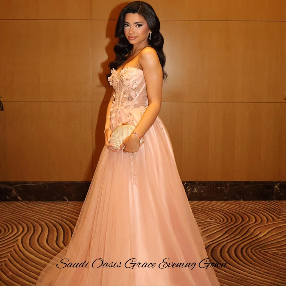 Luxury Customized Organza Party Dress with Handmade Flowers Classic A-Line Strapless Evening Dress Sparkly Pearls Celebrity Gown