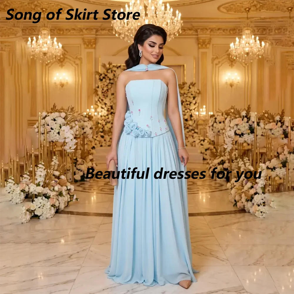 Light Blue Evening Dress Customized Strapless Corset 3D Flower Pleat Chiffon A-Line Long Formal Party Gown Elegant Prom Dress