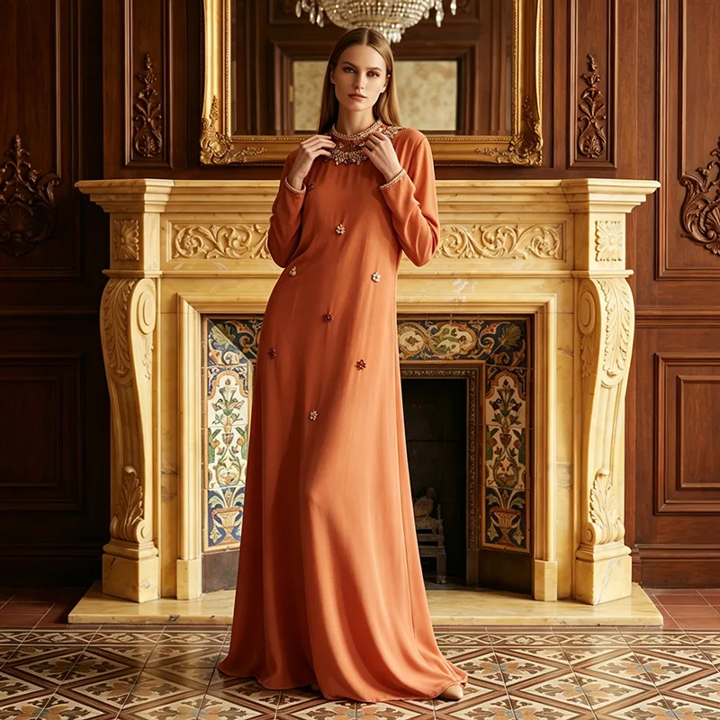 High Quality Diamond Inlaid Drape Dresses Spring Women Long Sleeves Round Neck Loose Dress High Waist Waist Floor Length Dress