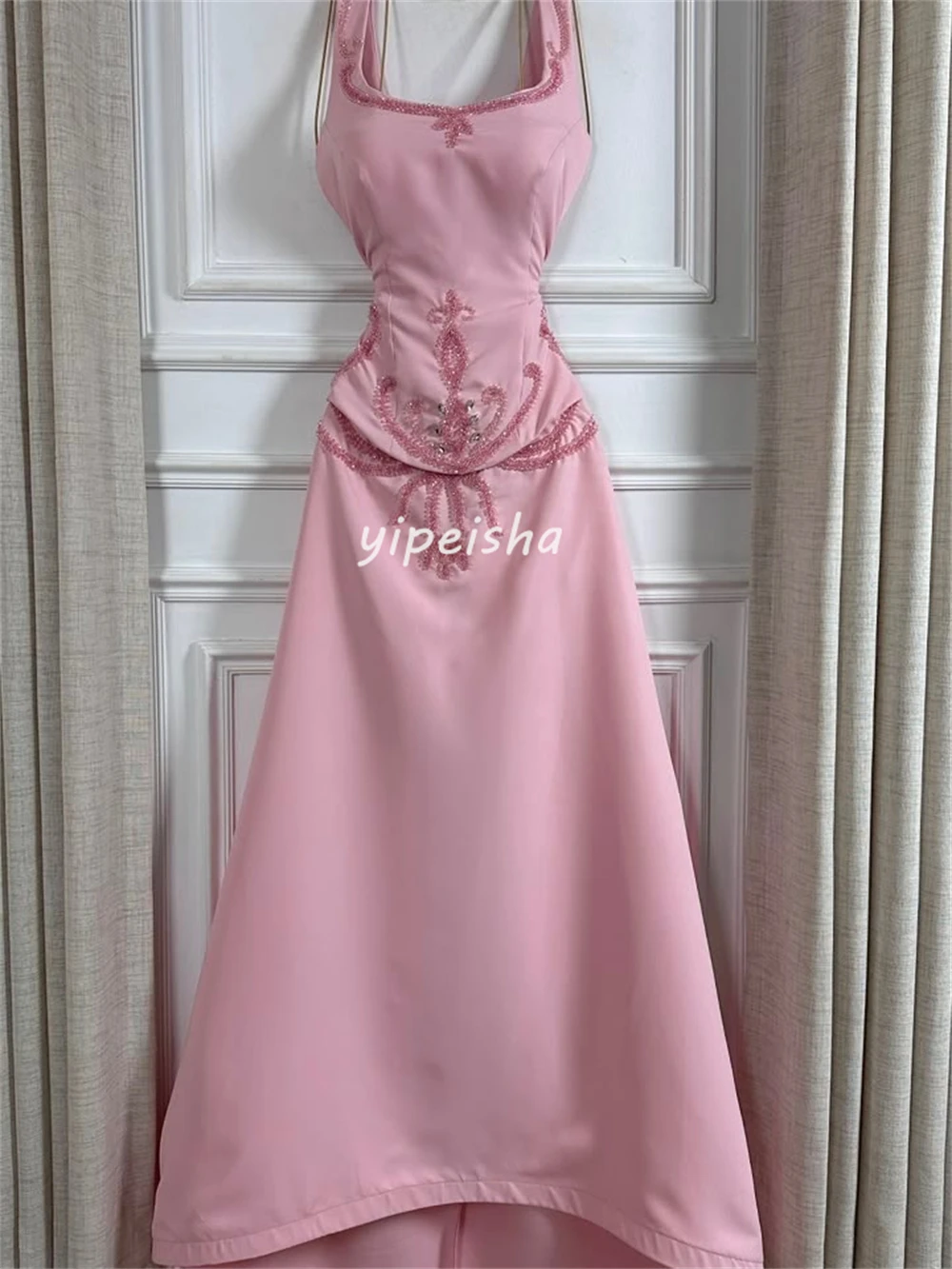 Customized Fashion Women Jersey Beading Rhinestone A-Line Evening Dresses Formal Spaghetti Strap Sleeveless Floor Lenght Dresses