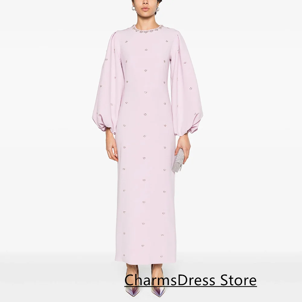 New Arrival Evening Dress Customized Round Neck Puff Sleeves Crystal Ankle Length Arabian Party Gown Formal Prom Dresses