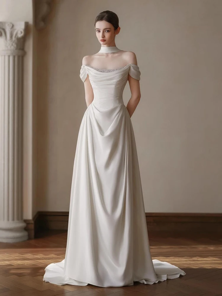 Silk Satin One Shoulder Wedding Dress Bridesmaid Long Tail Outgoing Gown Engagement Marriage Ceremony Korean Style Bridal Gown