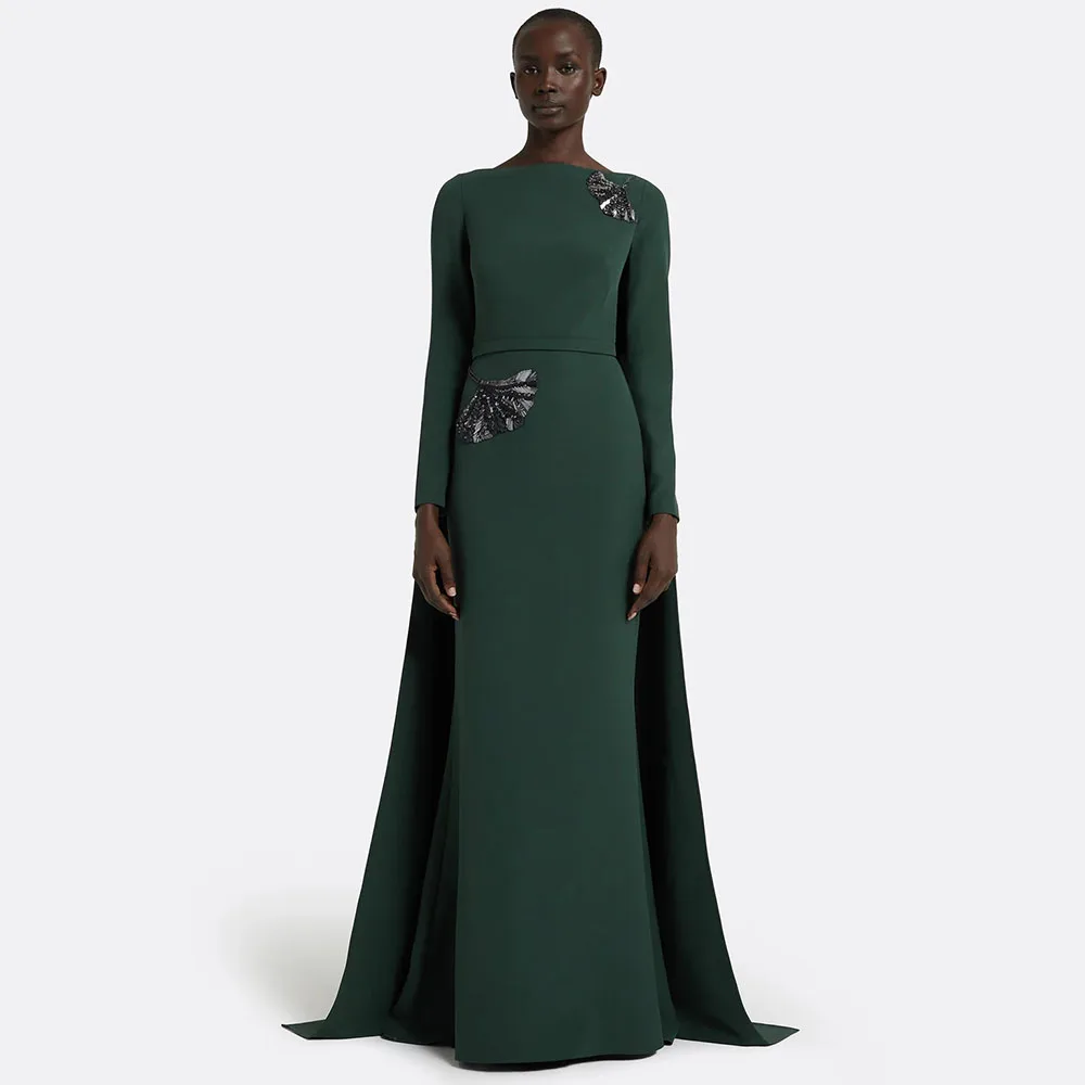 Modest Evening Dresses Mermaid Jersey Blackish Green Prom Dress Boat Neck Sequined Pattern Watteau Train Party Dress Long 2026
