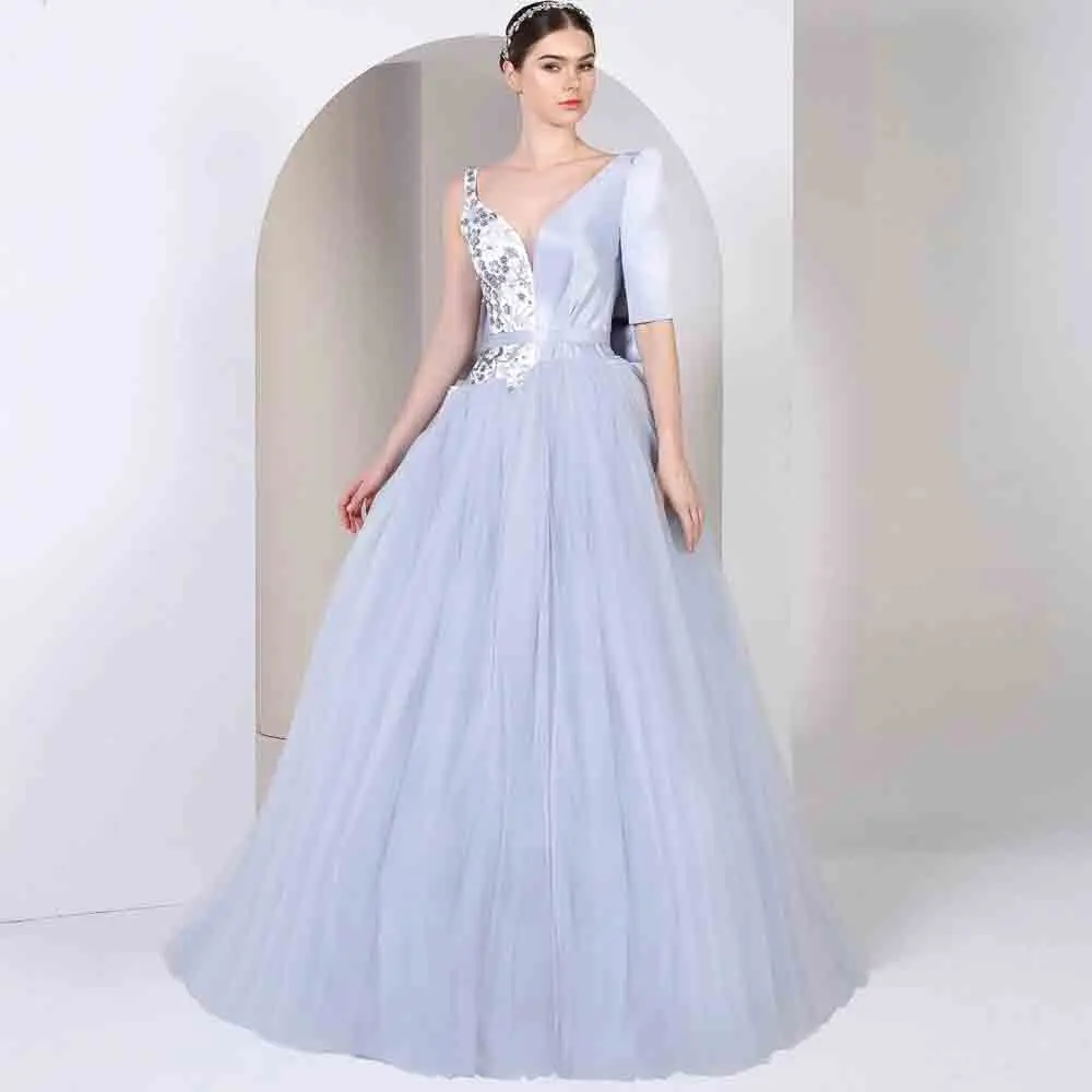 Customized Asymmetrical Ball Gown Evening Dress One Shulder Bead Embroidery Prom Gown Half Sleeve Tulle Special Occasion Dresses