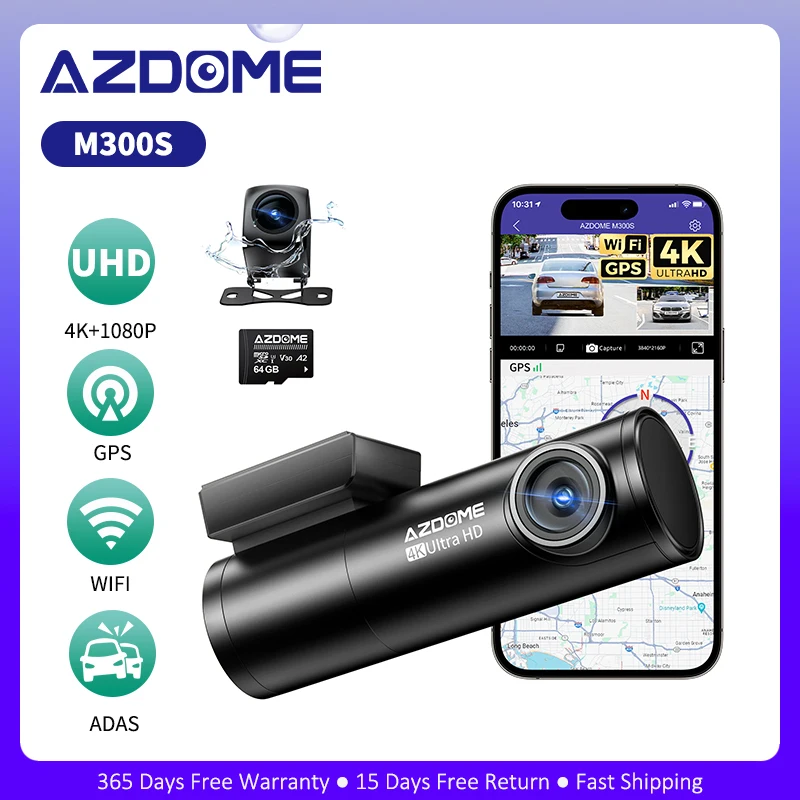 AZDOME M300S Dash Cam 4K ADAS Built-in WIFI GPS Car Camera WDR Night Vision Voice Control Car DVR Recorder Front and Rear Cam