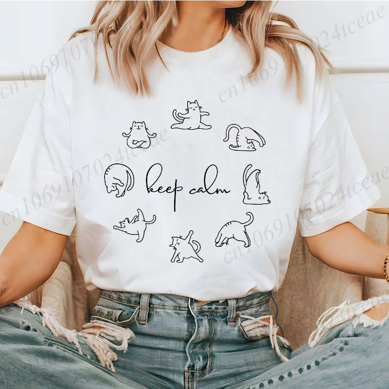 Women's T-shirts Funny Cat Yoga Print New Fashion Short Sleeve Summer Casual Women's Clothing Harajuku Y2K Hip Hop Clothes