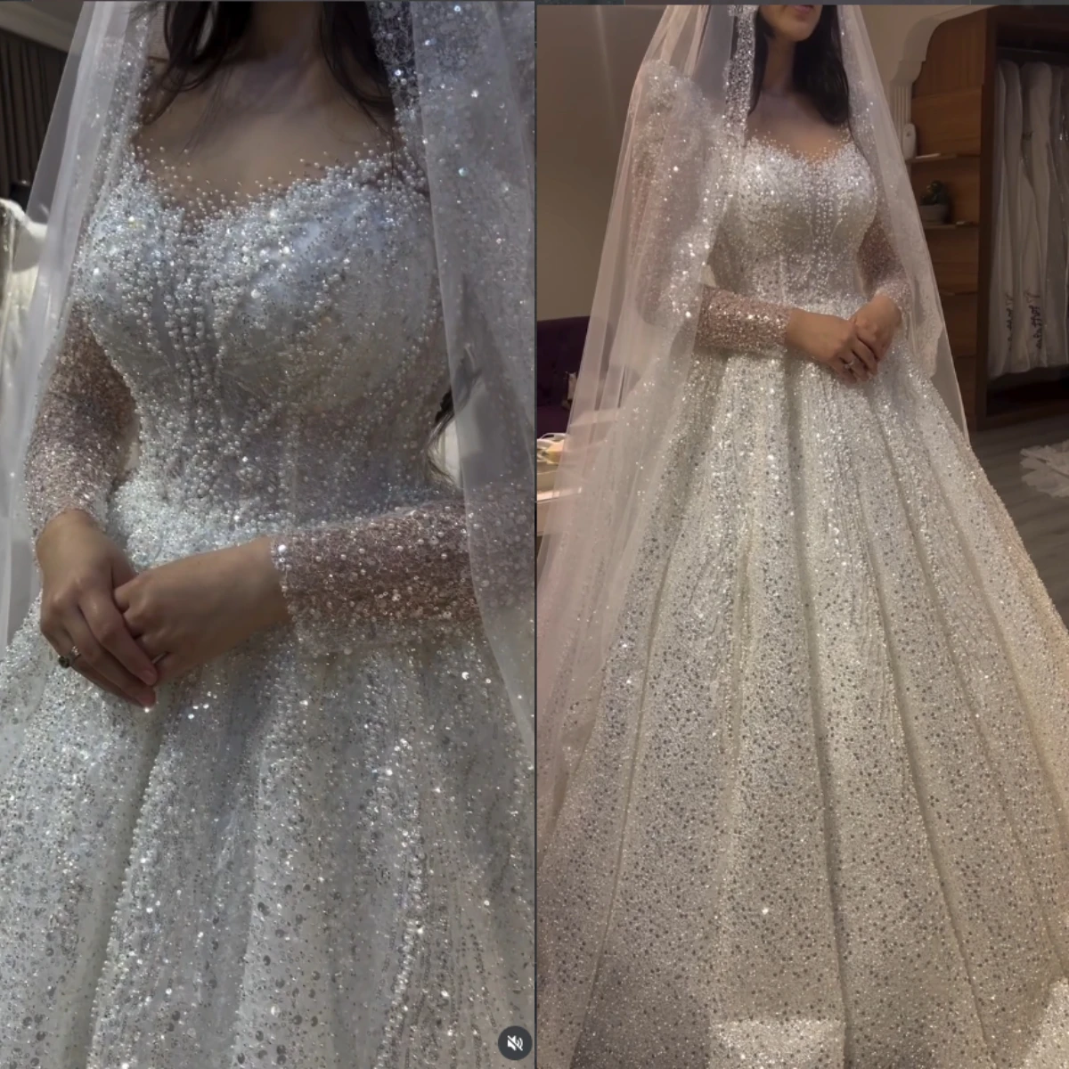 Illusion Neck Full Rhinestone Beaded Ball Gown Wedding Dress Long Sleeve Sparkly Luxury Bridal Dress Vestido De Novia Customized