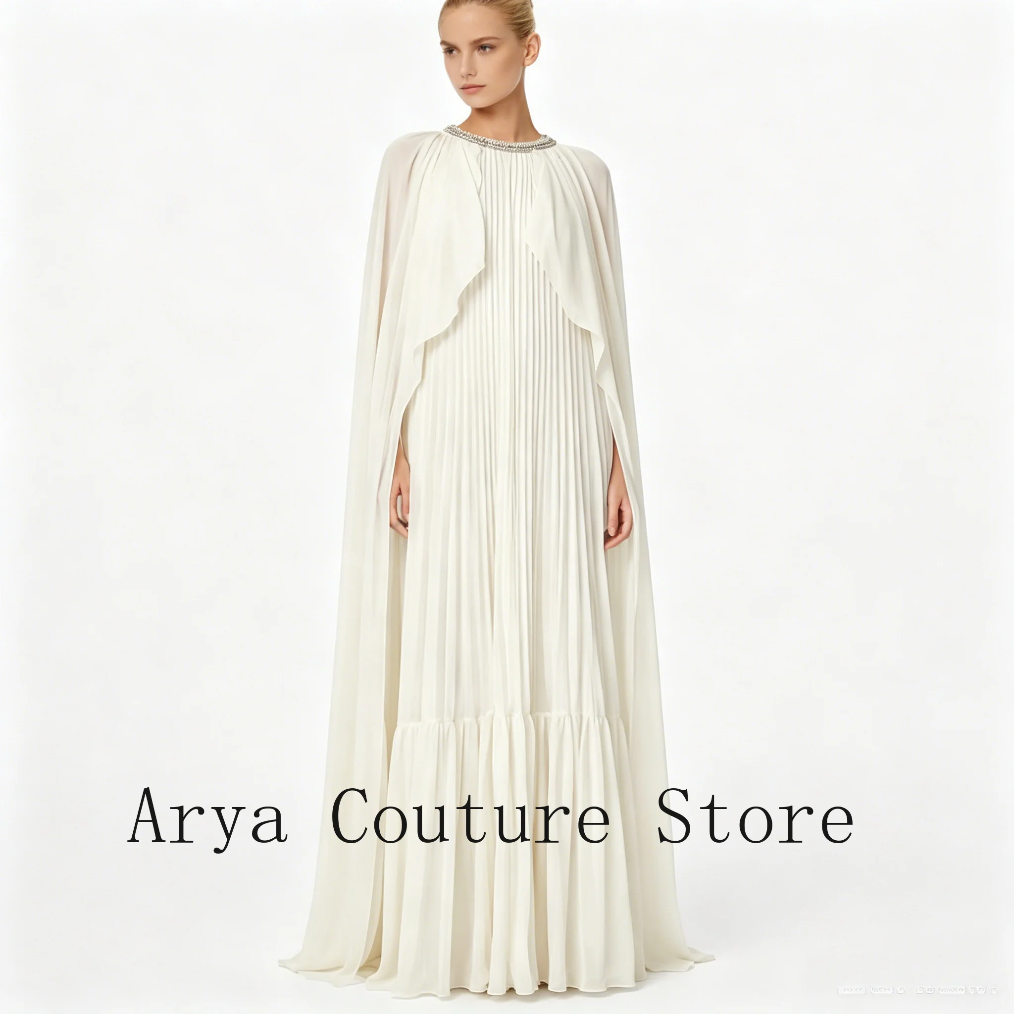 Customized Boho Flowy Chiffon Evening Gown Featuring Rhinestone Embellished Round Neck, Integrated Floating Cape Sleeves