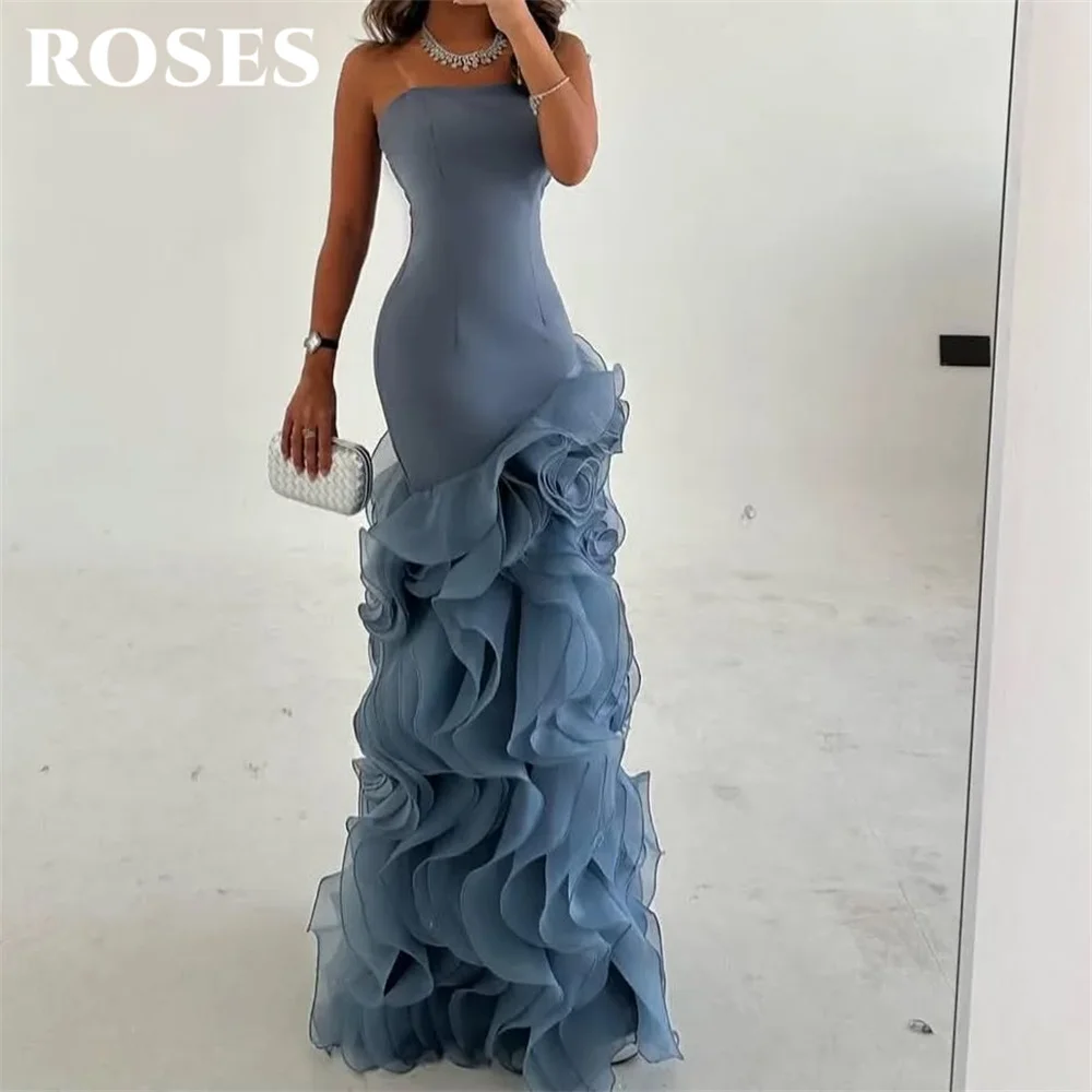 ROSES Blue Tulle Elegant Party Dress Strapless Celebrity Dresses Tiered Layer Special Occasion Dress with Pleats Customized