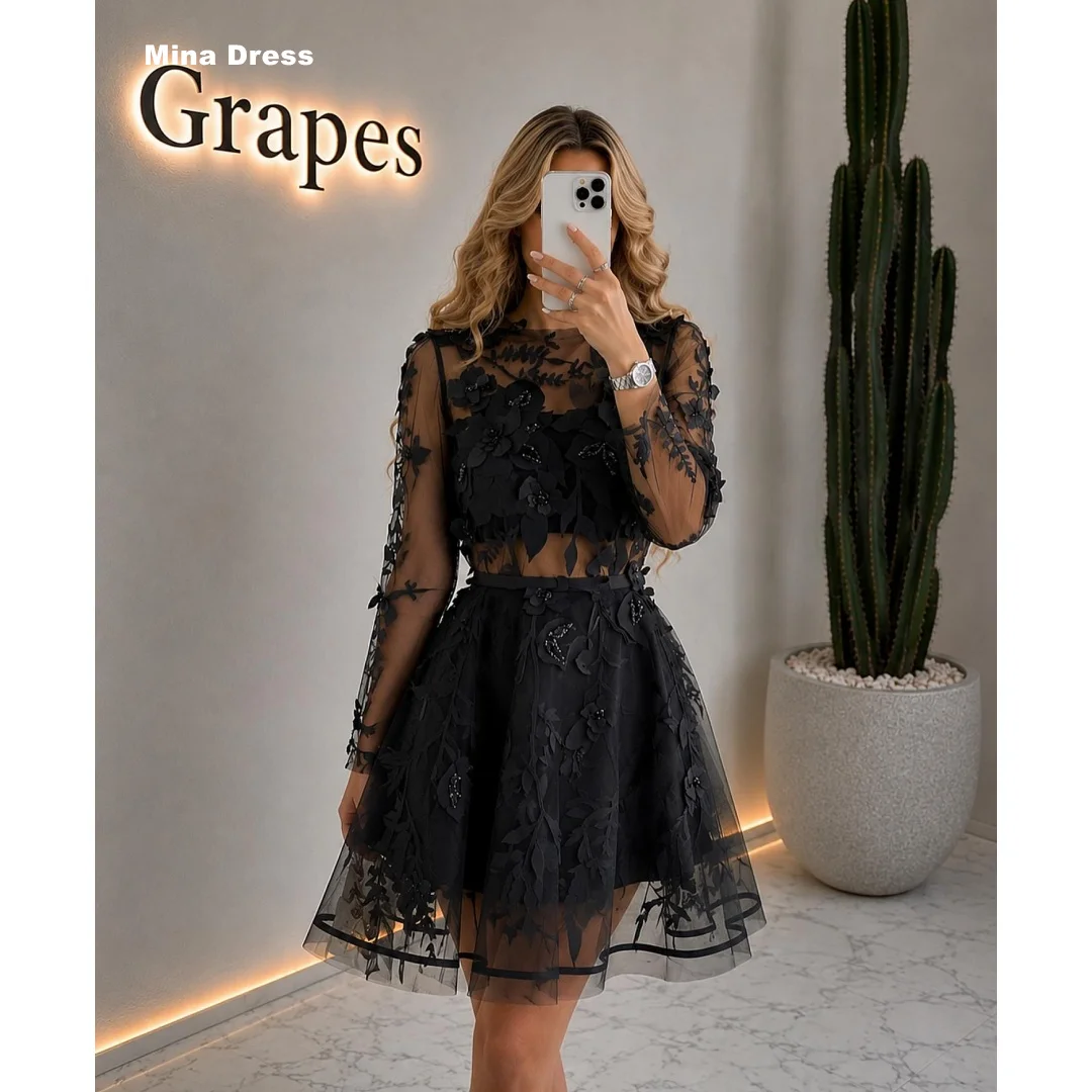 Mina Customized Black Floral Pearl Long Sleeve Round Neck Opaque Tea Factory Prom Dress Luxury Women's Elegant Party Dress